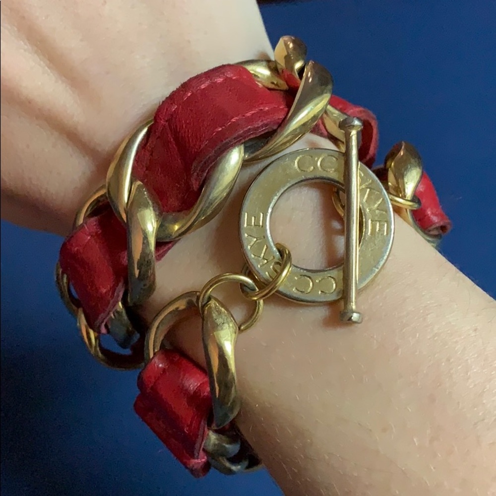 CC Skye Double Wrap Red Leather and Gold Chain